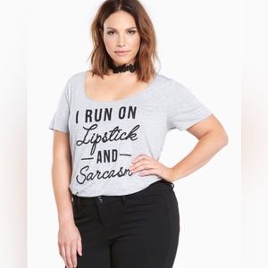 Torrid lipstick & sarcasm tee that hangs off the shoulder